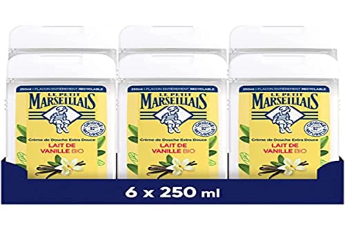 Le Petit Marseillais - Crema de ducha extra suave con leche de vainilla orgánica (6 x 250 ml) – 92% de ingredientes de origen natural – Botella totalmente reciclable