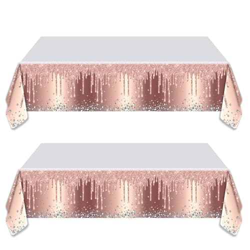 OULUN 2 Pcs Pink Rose Gold Glitter Birthday Tablecloth, 42''x71'' - Rose Gold Birthday Theme Table Cover for Girls' Party Supplies