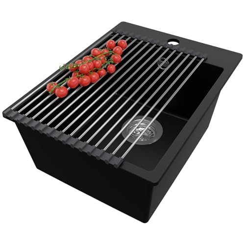 PRIMAGRAN Fregadero Cocina Negro 38x50cm, Fregadero Granito 1 Seno + Sifón + Enrollable Escurridor, Fregadero sobre encimera al mueble 40cm - Riga