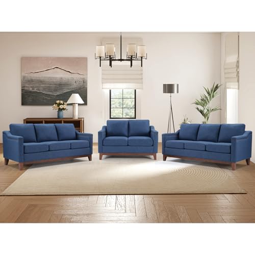 Image of HAOMARKETS Modern 3 Piece Sofa Set with Rivets, Included Chenille Loveseat 2-Seater Sofa, and Upholstered 3-Seater Couches Set of 2 with Solid Wood Legs, Living Room Furniture Set,Blue