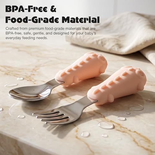 Image of Baybee Stainless Steel Baby Feeding Spoons Set of 2 | Bpa Free- Food Grade Self Feeding Training Utensil Spoon & Fork | Baby & Toddlers Gum Friendly Weaning Supplies for Kids 4 Months+ (Pink)