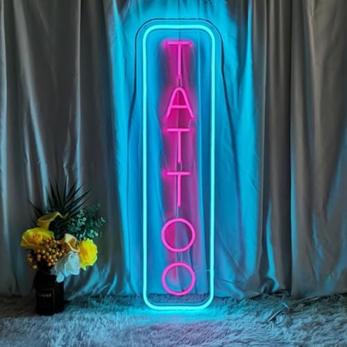 Image of Dimmable Tattoo Neon Sign,LED Reusable Neon Signs,Arylic Ice Blue Tattoo Shop Sign with Dimmer for Tattoo Salon, Studio, Shop Plaque,Tattoo Gifts for Friends,16x5.9in(Ice Blue+Pink)