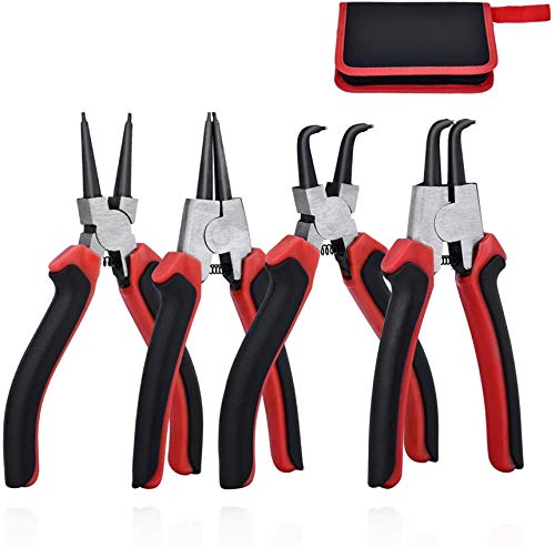 4 Piece 5-Inch Snap Ring Pliers Set, Internal/External Circlip Pliers Kit Straight/Bent Jaw Pliers Tips C-Clip Pliers with Storage Pouch