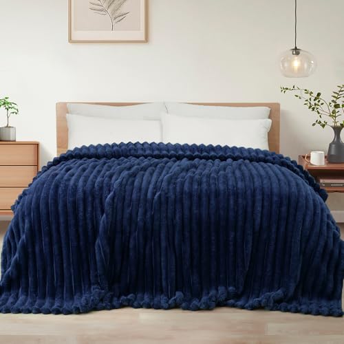 Exclusivo Mezcla Twin Size Flannel Fleece Blanket Super Soft Striped Jacquard Bed Blanket Lightweight Fuzzy Cozy for All Seasons 60x80 Inches Navy Blue