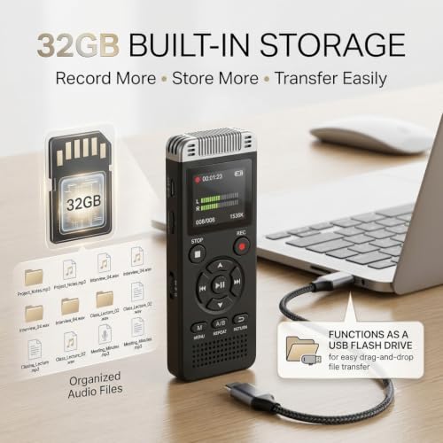 Image of ROCKTECH Digital Voice Recorder 32GB, 3072Kbps HD Recording, 80H Battery, Voice Activated, MP3 WAV FLAC Playback, 1.5 inch LED Display for Meetings, Lectures, Interviews, Students & Journalists