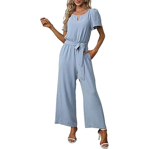 CORSKI Women's Jumpsuits Summer Hollow Tie Elastic Waist Ruffle Sleeve Wide Leg Dressy Rompers with Pockets Cover