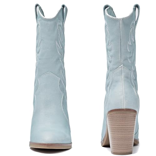 Women's Mid Calf Western Boots Pointed Toe Cowboy Boots Chunky Pump Heel Cowgirl Boots.2