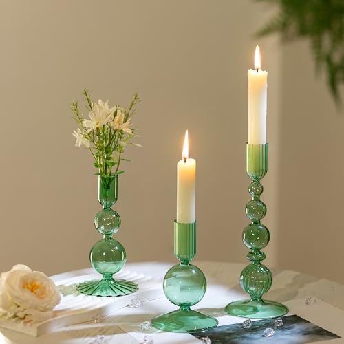 Hewory Portavelas de Vidrio Verde - Set de 3 para Decoración de Mesa de Comedor, Fiestas y Bodas en el Salón