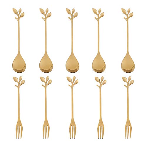 Persistence Juego de 5 cucharas+5 tenedores de acero inoxidable con diseño de hoja de café, para tartas, tenedores, cucharas de postre, juego de cucharaditas agitadoras doradas