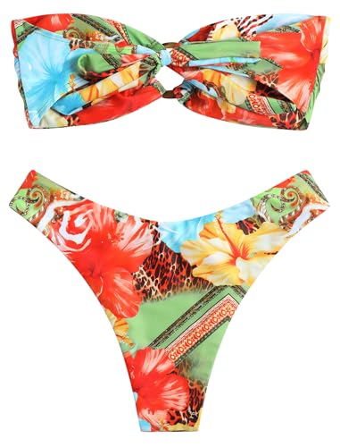 Image of ZAFUL Women's Bandeau Bikini O Ring Strapless Tie Back High Cut Two Piece Swimsuit Bathing Suits