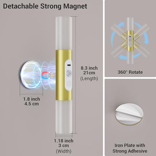 Image of Hensam Motion Sensor Wall Lights with Remote, Rechargeable Battery Sconces | Peel and Stick Wall Night Light, 3 Color Temps, Dimmable, Magnetic, for Hallway, Stair, Bedroom, Living Room, Gold, 2 Pack