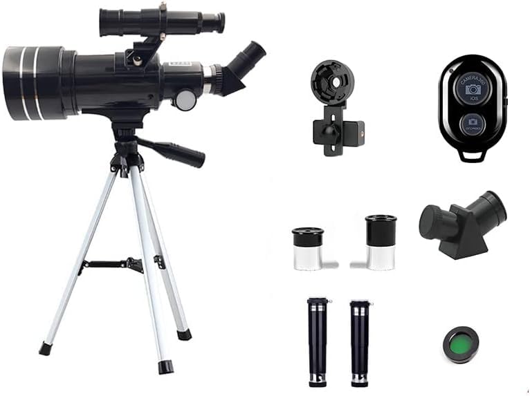 Telescope, 70mm Aperture (15X-150X) Portable Refractor Telescopes for Adults/Astronomy Beginners，300mm Professional Travel Telescope with Smartphone Adapter, Wireless Remote, Sun Filter (Black Short)