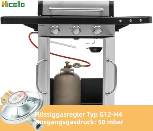 Hicello Gasregler Druckminderer 50mbar+Gasschlauch 150cm 1/4 Linkegewinde Betriebsdruck Gas Niederdruckregler Druckregler Zubehör/Ersatzteil für Gasgrils für Camping Picknicks Grillpartys