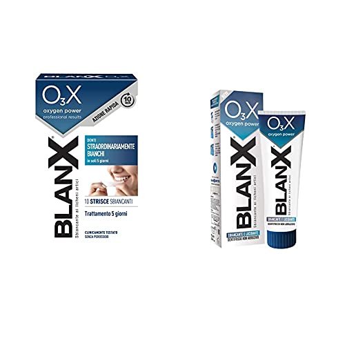 BlanX, Con Ossigeno Attivo e Licheni Artici, Denti Straordinariamente Bianchi - 10 Strisce + Dentifricio Sbiancante, Lucidante, Dentifricio Naturale con Ossigeno Attivo, Licheni Naturali, 75 ml