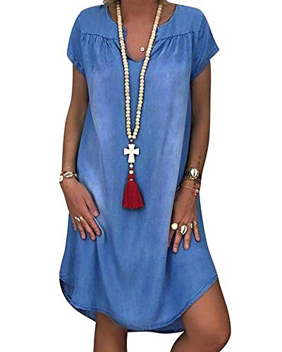 Minetom Sommerkleid Damen Casual Einfarbig T-Shirt Jeans Kleid Kurzarm V-Ausschnitt Denim Kleider Lose A-Linie Partykleid Große Größe C Blau 44