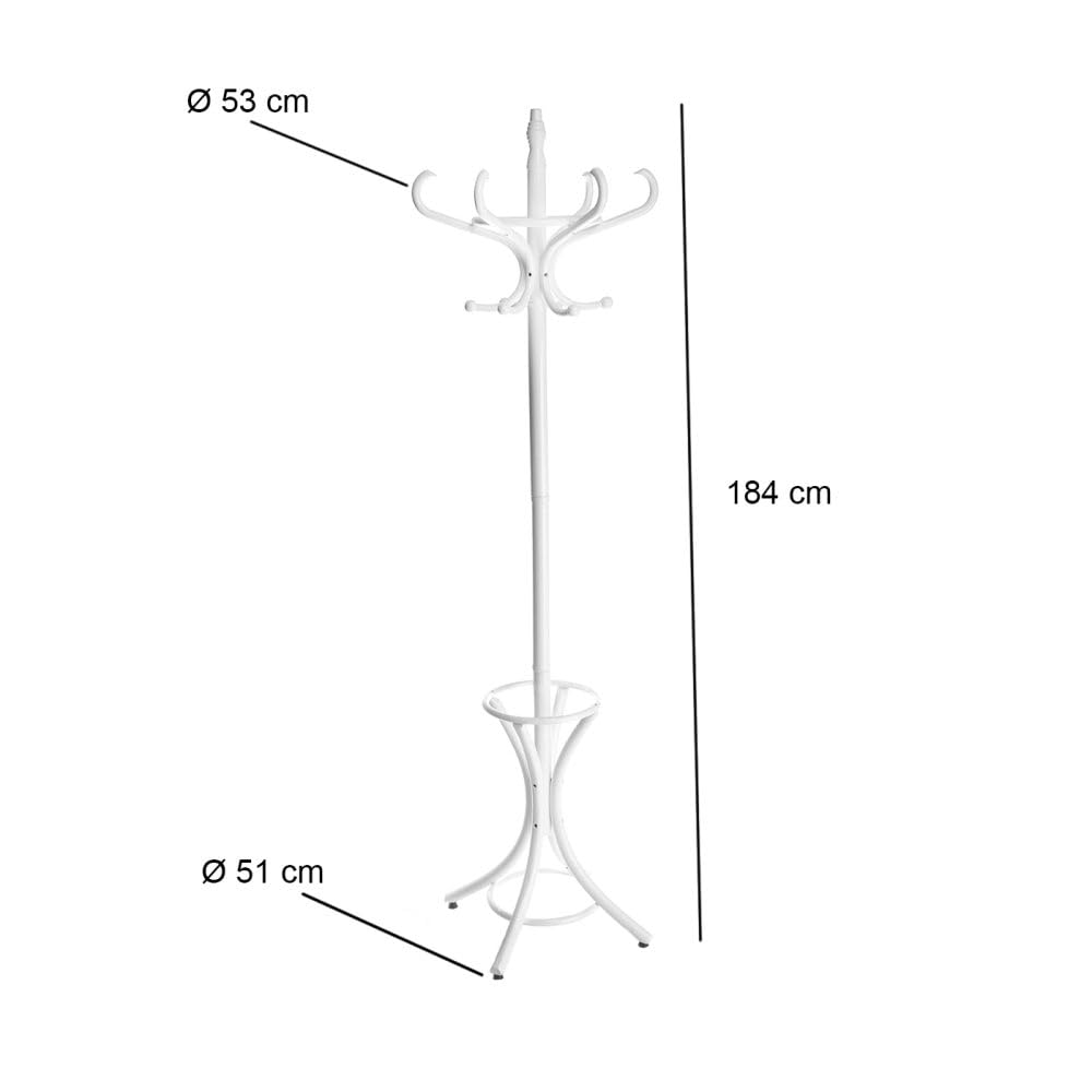 LOLAhome - Perchero de pie blanco de 12 brazos de madera de álamo de 184 cm. Incluye paragüero en la base. Diseño clásico Thonet funcional para colgar abrigos y bolsos con elegancia diaria