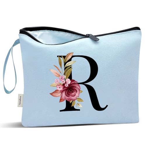 Image of Vavabox A-Z Personalized Makeup Bag, Birthday Gifts for Women Mom, Gifts for Best Friend, Bride Bridesmaid Cosmetic bag (R, Blue)