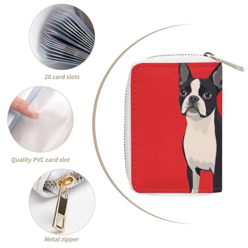 Small Pu Leather Zipper Wallet for Men Women, Boston Terrier Dog Red Card Organizer Case with 20 Slots Mini Credit Card Holder4