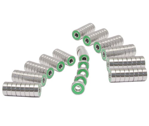 Pack of 100 Skateboard/Inline Skate Bearing Nylon Cage Sealed Ball Bearings VXB Brand with Green Rubber Seals
