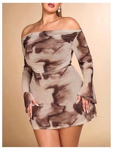 Image of SOLY HUX Women's Plus Size Off The Shoulder Tie Dye Mini Dress Flared Long Sleeve Bodycon Party Dress