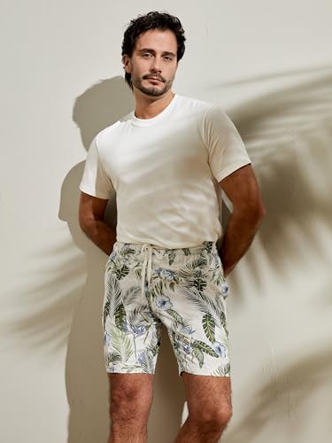 LilySilk 100% Spun Silk Hawaiian Shorts for Men Tropical Palm Print Short Pants with Adjustable Elastics Vacation 6