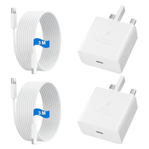 USB C Charger for Samsung Fast Charger USB C Plug & Cable 3M Long 25W Type C Super Fast Phone Charging Android Adaptor UK 2-Pack for Galaxy S25 Ultra/S24/S23/S22/S21/A56/A... 20/10 White