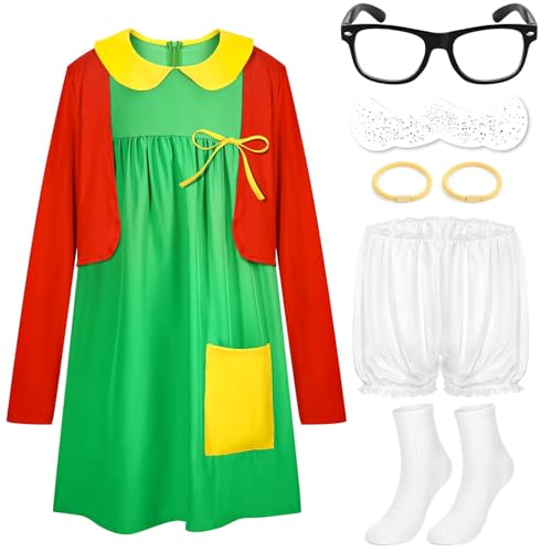 Clovilet 6 Pcs Halloween Women Costume Accessory TV Character Cosplay Green Dress Glasses Pumpkin Pants Freckles for Halloween Adult Women Cosplay Outfit (Medium)
