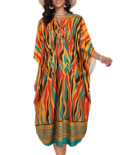 Image of JILUVIN Kaftan Dresses for Women Plus Size V Neck Caftans Long Batwing Sleeve Beach Cover Ups Summer Floral Print Dress 2026 (Green Red Stripes,One Size)