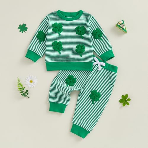 Image of Toddler Baby Boy St Patricks Day Outfit Infant Lucky Clover Sweatshirt Pants Set Little Kids Spring Warm Clothes