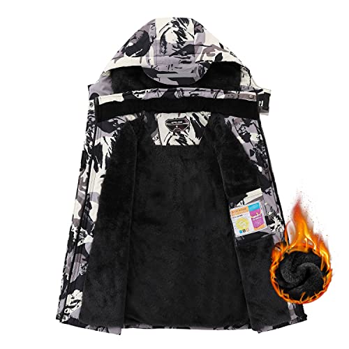 Cookfip Kid's Ski Jacket Waterproof Boy's And Girl's Warm Fleece Winter Jacket Windproof Hooded Snow Coat (10-12, White Camouflage) #TOP2