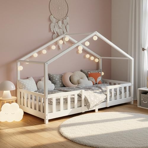 [en.casa] Kinderbett Treviolo Hausbett 70 x 140 cm Holzbett für Kinder mit...