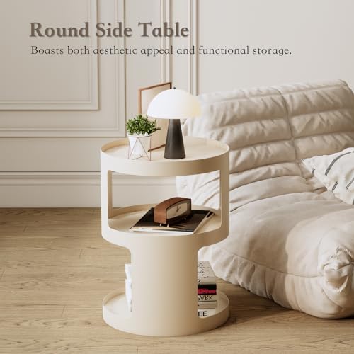Image of XIV Side Table, Round End Table, Modern Nightstand, Metal Accent Table, Small Bed Side Table for Living Room Bedroom, Bedside Table, Night Stand, No Assembly Required (Off White, Round)