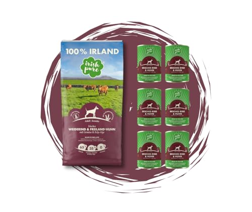 Irish Pure Adult Weiderind + Freiland-Huhn - Hundefutter - 1x12kg + 6x390g – getreidefreies Trockenfutter & Nassfutter – 100 % natürliche Zutaten – mit Kelp-Alge – für ausgewachsene Hunde - Sparpaket