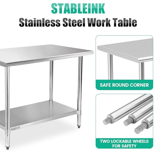 Image of STABLEINK NSF Stainless Steel Work Table 48x30 Inches 4ft, Metal Prep Table with Adjustable Undershelf, for Commercial Kitchen, Restaurant, Hotel, Laundry and Garage