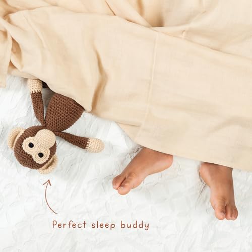 Image of Newborn Gift Set | Crochet Toy, Rattle, Neem Wood Teether & Muslin Swaddle Combo | Gifting Toy for Babies | 100% Muslin swaddlecloth | 3 Months+ (MAAKAD Toy & Rattle & Teether with Swaddle)