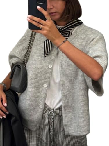 Women Knit Crop Cardigan Short Sleeve Button Down Sweater Open Front Pullover Top Fall Streetwear Blouse