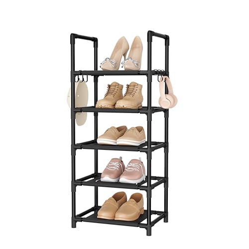 BrFoYu シューズラック 5段 ブーツ収納 ブーツケース スリム フック付き 分割可能 シューズラック 省スペース 組み立て式 大容量 不織布 狭い 玄関 廊下 クローゼット アパート用 ブーツ 下駄箱 ブーツ (5段 ブラック)