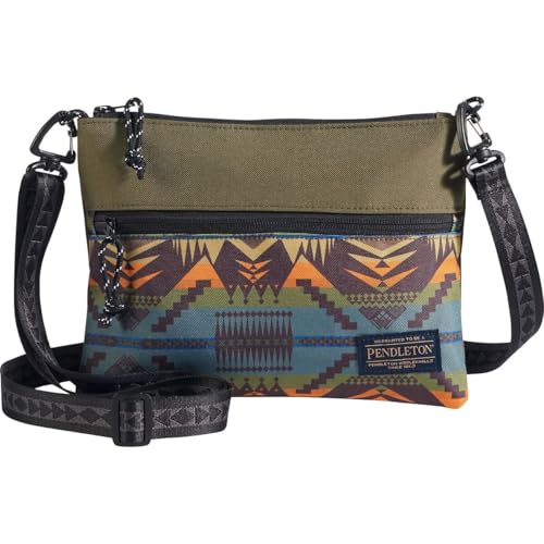 Pendleton Sacoche Crossbody Bag, Black with Southwestern Pattern, Polyester, 10x7.5 Inches, Multiple Zippered Pockets