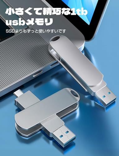 1TB USB メモリ USB3.0・Type-C メモリ 外付け フラッシュメモリ 容量不足解消 usb 360度回転 スマートフォン対応 Mac Windows PC Pad対応 合金製 耐衝撃 防塵仕様 高速データ転送 バックアップ Type C USBメモリ usb 1tb 携帯に便利 (銀色)