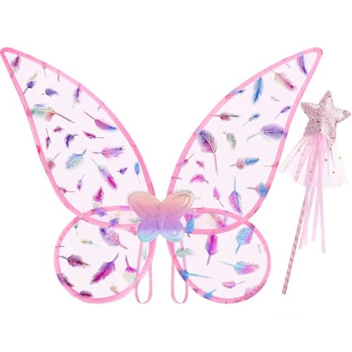 Lainlight Fairy Wings for Girls, Princess Butterfly Wings with Fairy Wand Angel Wing for Halloween Cosplay Dress Up Pink