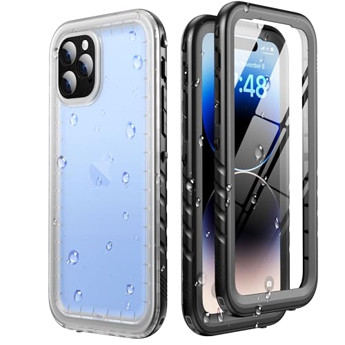 SOKUSIN for iPhone 14 Pro Case Waterproof - Full Body Bumper Case with Built-in Screen & Camera Protector Shockproof Drop Dust Proof Rugged Phone Cover with Wrist Strap 6.1 Black/Frosted Clear
