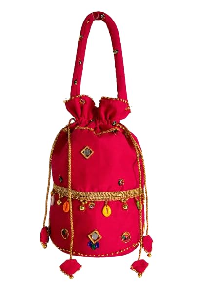 Veena creations Embroidered unique Potli Bag, Pink, Drawstring Closure, Gold Bead Work, Multicolour Mirror Embellishments, Traditional Indian Ethnic Handbag-picture-21
