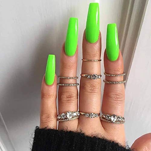 Vaveah 48 Pcs Press on Nails Coffin Fake Nails Glossy Glue on Nails Shiny False Nails for Women (Fluorescent Green&Pink)