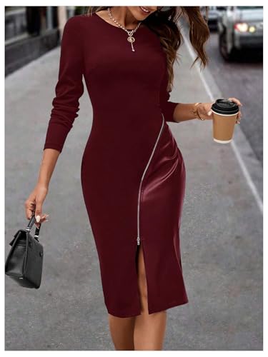 Image of SOLY HUX Women's Patchwork Leather Zipper Dress Crew Neck Long Sleeve Split Hem Elegant Bodycon Dress