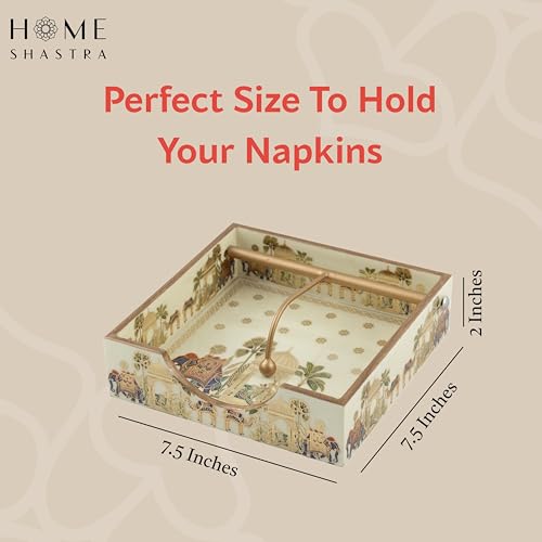 Image of Wooden Napkin Holder with Gold Engraving | Pack of 1 | Size : 7.5 x 7.5 inch | Enamel Coated Waterproof | Tissue Holder for Dining Table | (Royal Camel Napkin Holder)