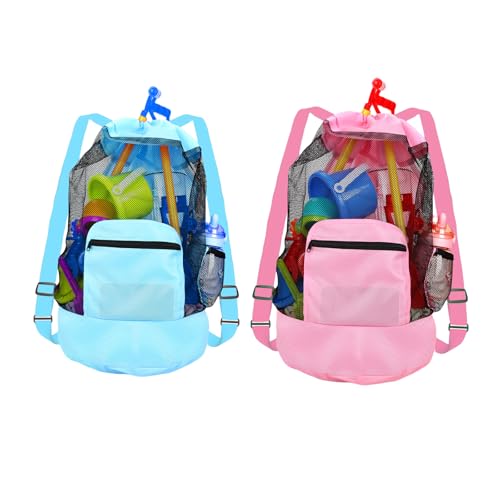Beach toy bag，mesh backpack for beach,Shell Collecting Bag Shelling Tools,Beach Must Haves Sand Box Toys Seashell Bags，Waterproof Swim Mesh Beach Bag(1pcs Pink+1pcs Blue)