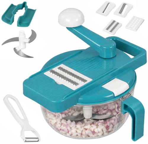 Image of THEONA 2 in 1 Vegetable Chopper with Grater, Slicer & Peeler | Manual Rotary Food Chopper with Container | Stainless Steel Blades for Onion, Carrot & Salad