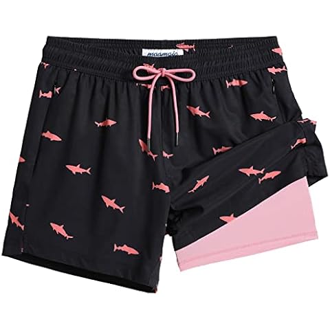 maamgic Mens Swim Trunks with Compression Liner 5" Stretch Beach Shorts Quick Dry with Zipper Pockets No-Chafing Board Shorts Black-Pink Shark M Cover