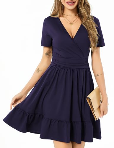 Image of Women's Fashion Summer Causal Short Sleeve Dress V Neck Beach Party Dresses with Pockets