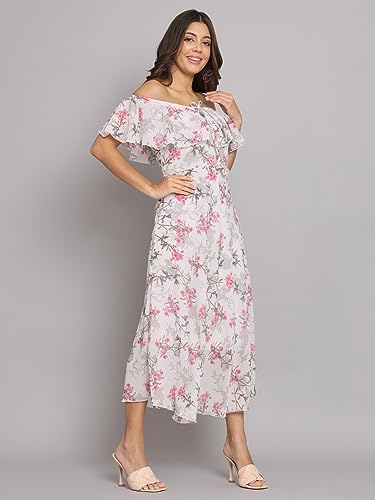 Image of HELLO DESIGN Women Off-Shoulder Floral Printed Georgette A-line Maxi Dress